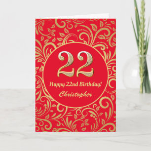 Cartão 22º Aniversário, Vermelho e Dourado Padrão Flor