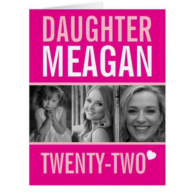 Cartão 22 anos 3 fotos, risada rosa (Frente)