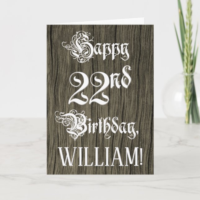 Cartão 22nd Birthday: Fancy, Elegant Text; Faux Wood Look (Frente)