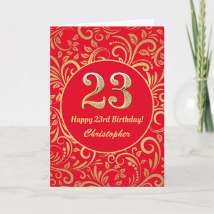 Cartão 23º Aniversário, Vermelho e Dourado Padrão Flor