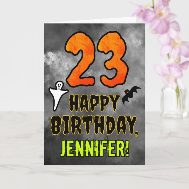 Cartão 23.º aniversário: Tema de Eerie Halloween + Nome P (Orquídea)