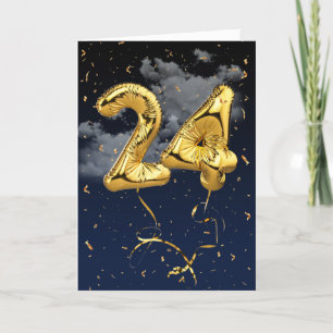 Cartão 24.º Aniversário do Balão Mylar Dourado e do Ca