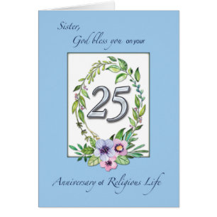 Cartão 25 aniversário da Católica Nun Wreath e Silver