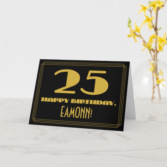 Cartão 25 Aniversário: Nome + Arte Deco Inspiraram "25" (Flor Amarela)