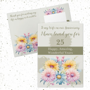 Cartão 25 de aniversário esposa gerbera floral verde