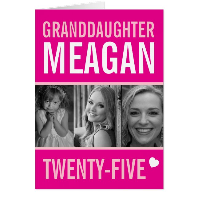 Cartão 25 de aniversário três fotos neta rosa (Frente)