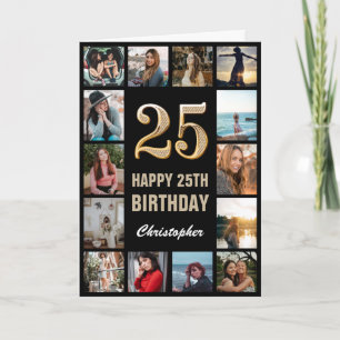Cartão 25 Happy Birthday - Colagem de Fotos Dourada e Pre