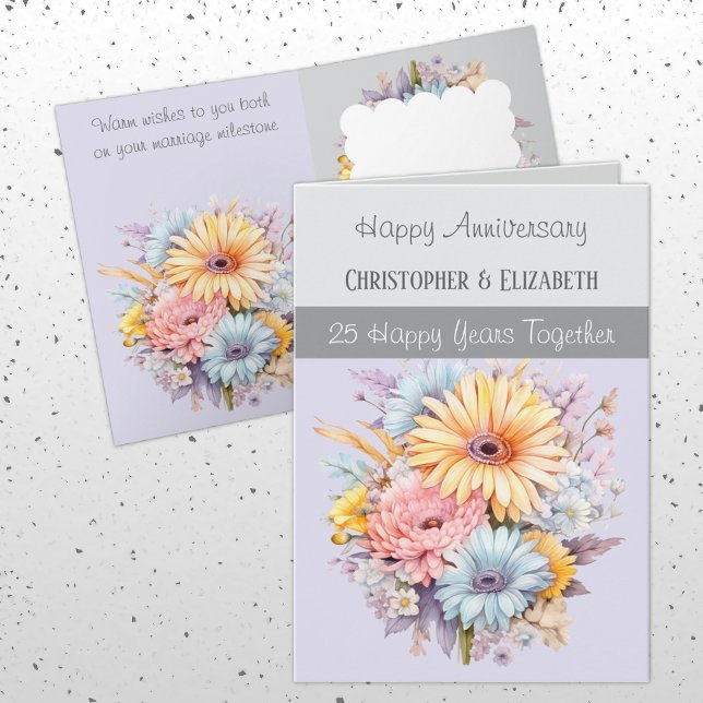 Cartão 25 Silver Aniversário de flores cinza roxa (Criador carregado)