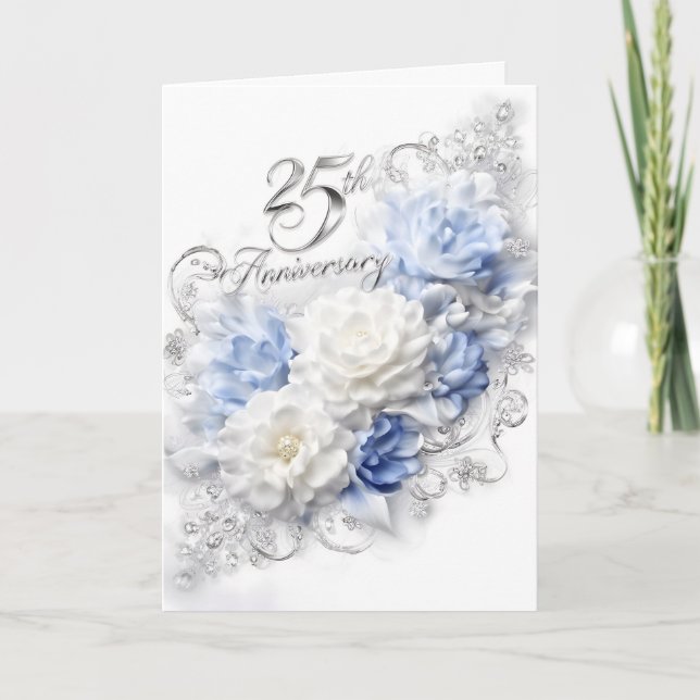 Cartão 25th Wedding Anniversary in Silver and Blue (Frente)