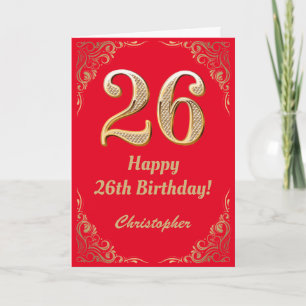 Cartão 26.º aniversário, Red e Dourado quadro de brilho