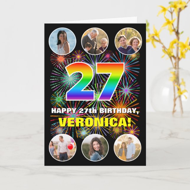 Cartão 27.º aniversário: Divertido Rainbow #, nome person (Flor Amarela)