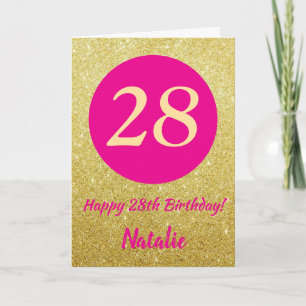 Cartão 28º aniversário feliz rosa quente e Dourado brilho