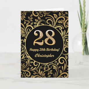 Cartão 28º Aniversário Padrão Floral Dourado e Preto