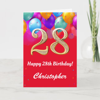 Cartão 28.º Aniversário Balões Vermelhos e Dourados Color