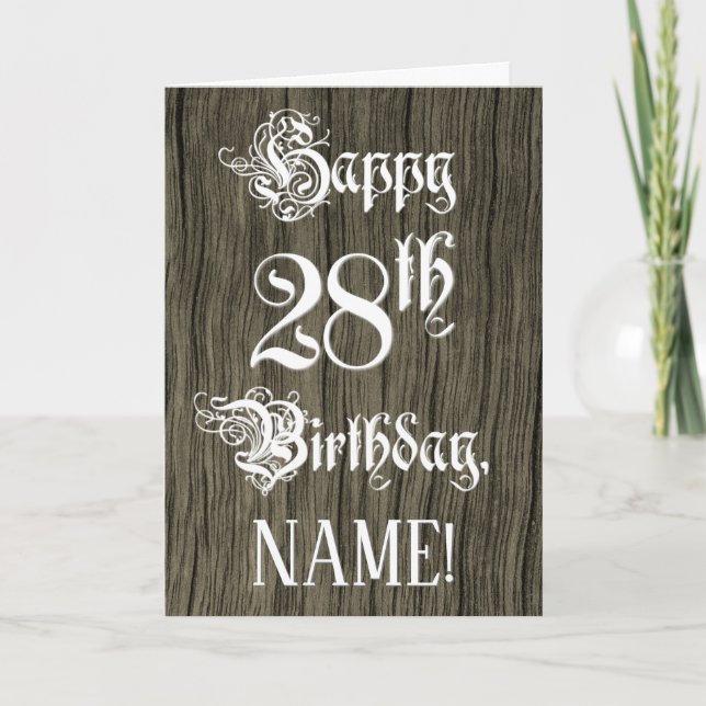 Cartão 28th Birthday: Fancy, Elegant Text; Faux Wood Look (Frente)