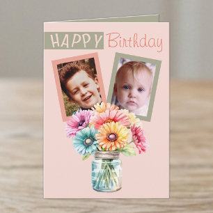 Cartão 2 foto-gerbera coral, aniversário verde