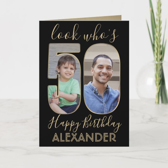 Cartão 2 Foto: Quem é o 50° aniversário preto Dourado (Frente)