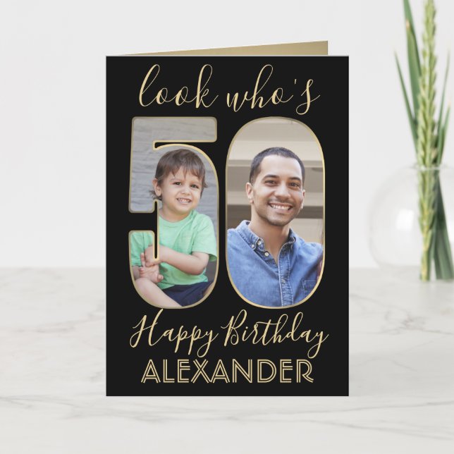 Cartão 2 Foto: Quem é o 50° aniversário preto Dourado (Frente)