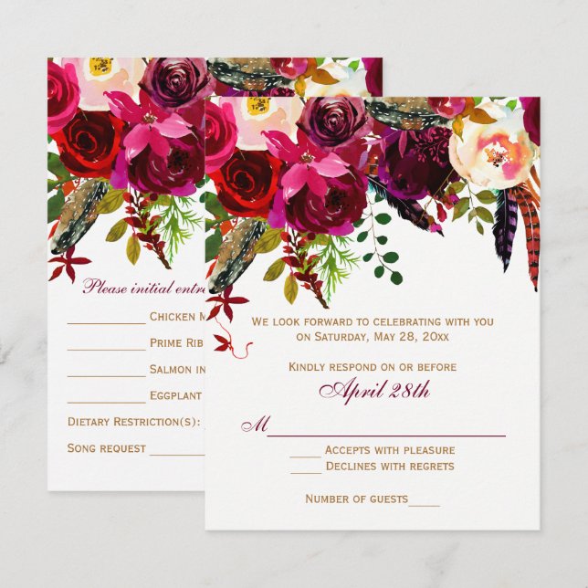 Cartão 2 RSVP de Casamento (REFEIÇÕES) - Floral, P (Frente/Verso)