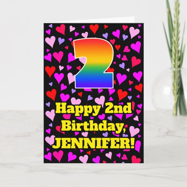 Cartão 2nd Birthday: Loving Hearts Pattern, Rainbow # 2 (Frente)