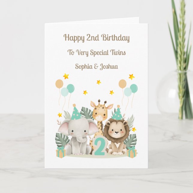 Cartão 2nd Birthday Safari Animals Twin Birthday Card (Frente)