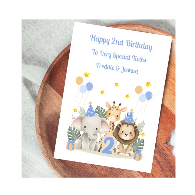 Cartão 2nd Birthday Safari Animals Twin Boys Card (Criador carregado)