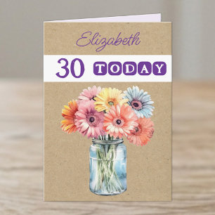Cartão 30º gerberas flores roxas aniversário de qualquer