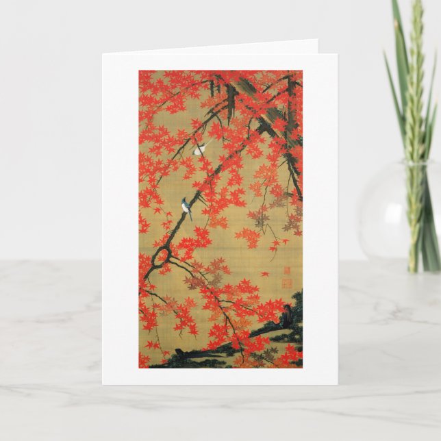 Cartão 30. 紅葉小禽図, bordo do 若冲 & pássaros pequenos, (Frente)