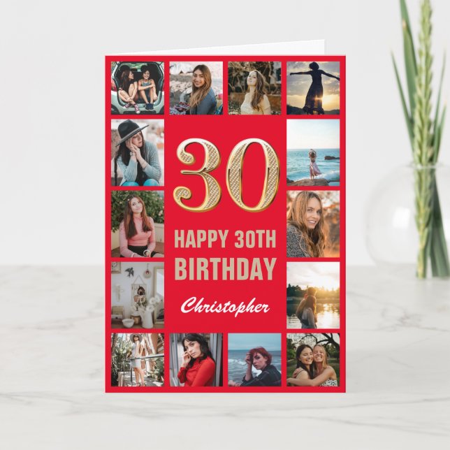 Cartão 30 Happy Birthday Red and Dourado Photo Collage (Frente)