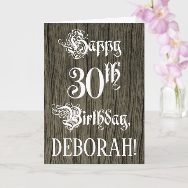 Cartão 30th Birthday: Fancy, Elegant Text; Faux Wood Look (Orquídea)