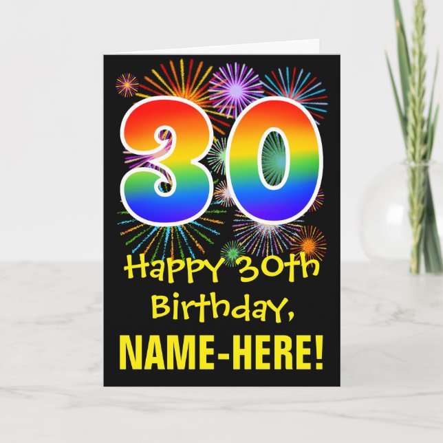 Cartão 30th Birthday: Fun Fireworks Pattern + Rainbow 30 (Frente)