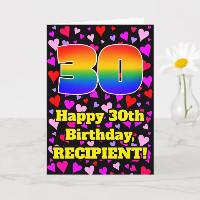 Cartão 30th Birthday: Loving Hearts Pattern, Rainbow # 30 (Planta pequena)