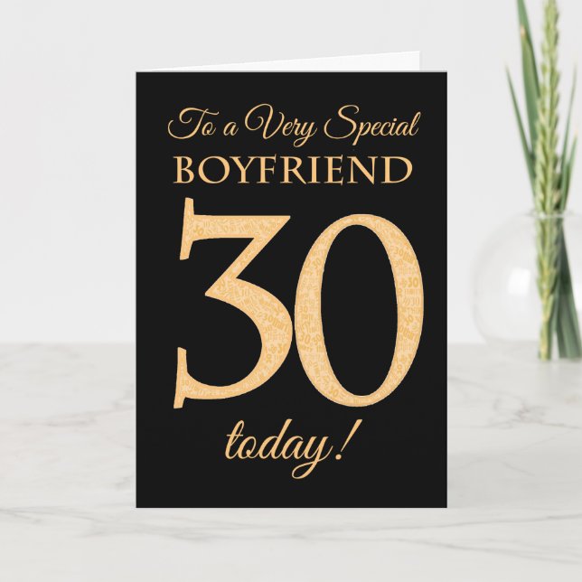 Cartão 30th Gold-effect on Black for Boyfriend Birthday (Frente)