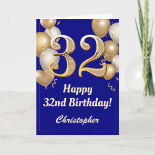 Cartão 32º aniversário do Marinho Azul e Dourado Balões C