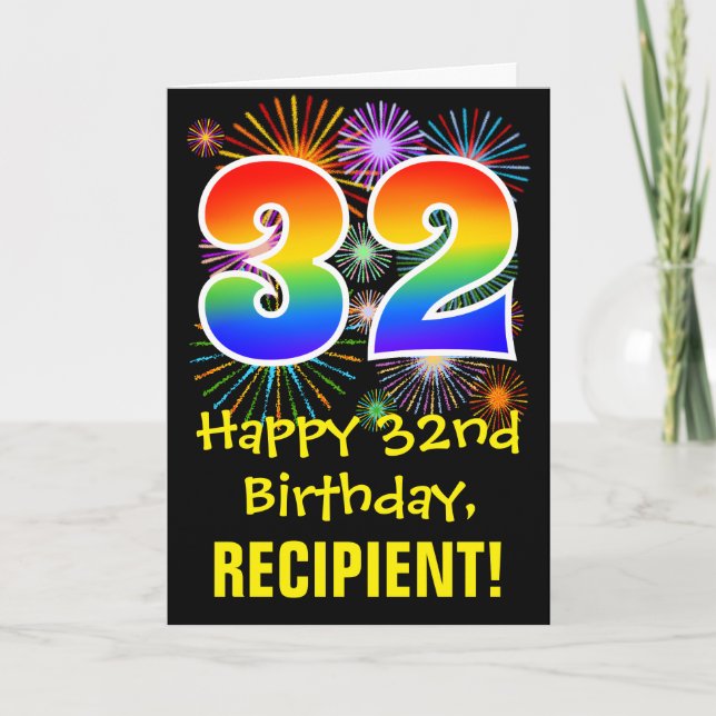 Cartão 32nd Birthday: Fun Fireworks Pattern + Rainbow 32 (Frente)