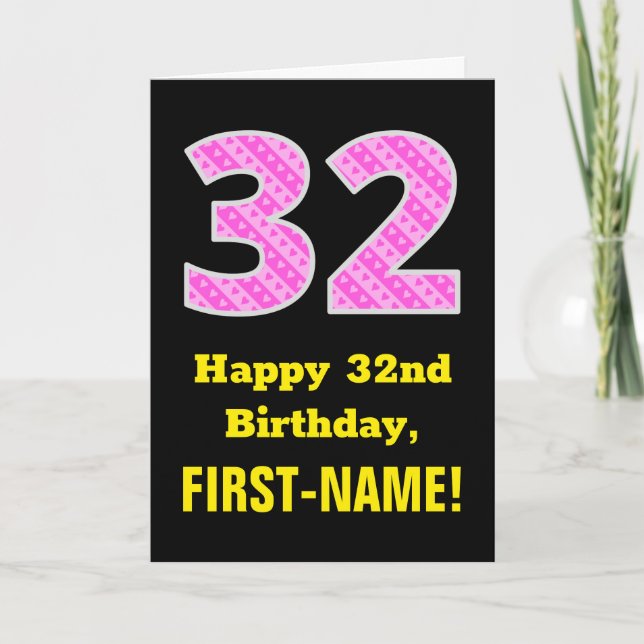 Cartão 32nd Birthday: Pink Stripes and Hearts "32" + Name (Frente)