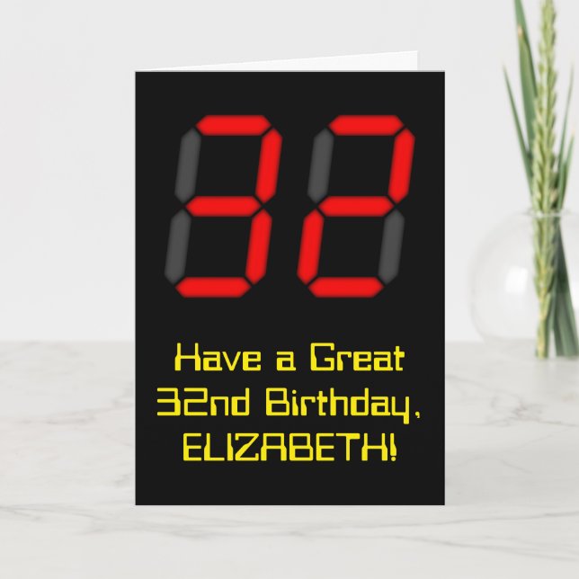 Cartão 32nd Birthday: Red Digital Clock Style "32" + Name (Frente)