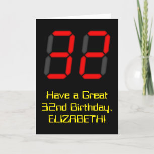 Cartão 32nd Birthday: Red Digital Clock Style "32" + Name