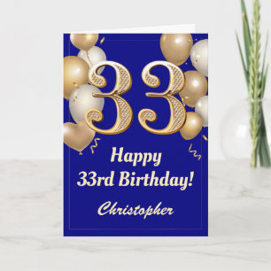 Cartão 33º Aniversário Marinho Azul e Dourado Balões Conf