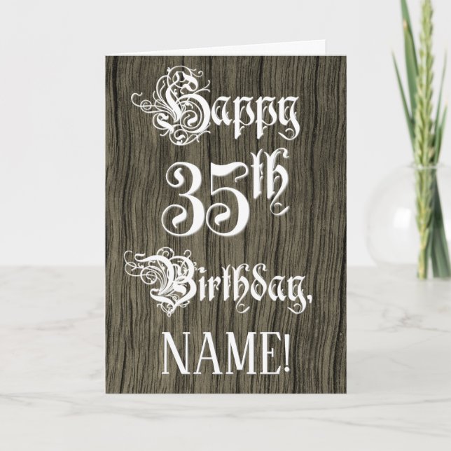 Cartão 35th Birthday: Fancy, Elegant Text; Faux Wood Look (Frente)