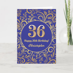 Cartão 36º Aniversário Marinho Azul e Dourado Padrão Flor