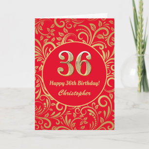 Cartão 36º Aniversário, Vermelho e Dourado Padrão Floral