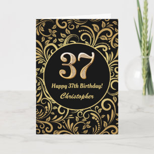 Cartão 37.º Aniversário Padrão Floral Dourado e Preto