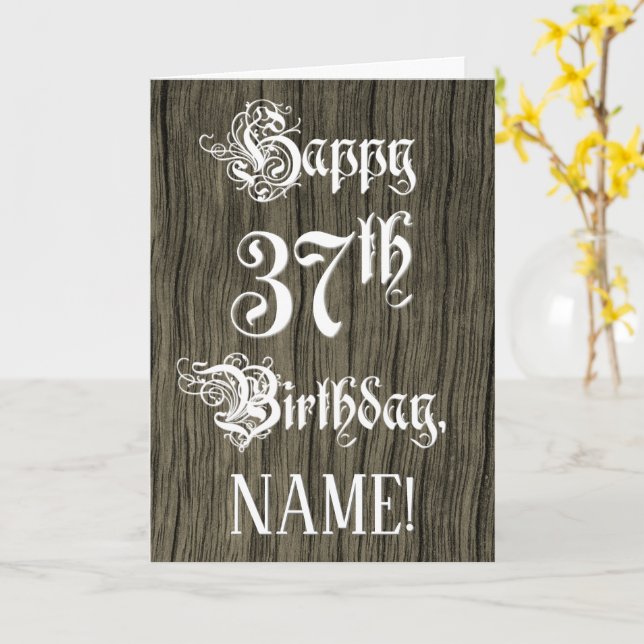 Cartão 37th Birthday: Fancy, Elegant Text; Faux Wood Look (Flor Amarela)