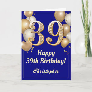 Cartão 39º aniversário do Marinho Azul e Dourado Balões C