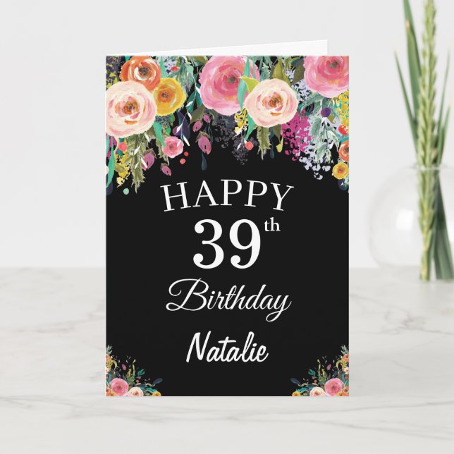 Cartão 39th Birthday Watercolor Floral Flowers Black Card (Frente)