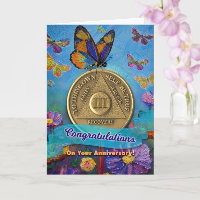 Cartão 3 anos Aniversário Borboletas de Moedas Flores (Orquídea)