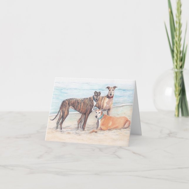 Cartão 3 Greyhound no Beach Dog Art Note Card (Frente)