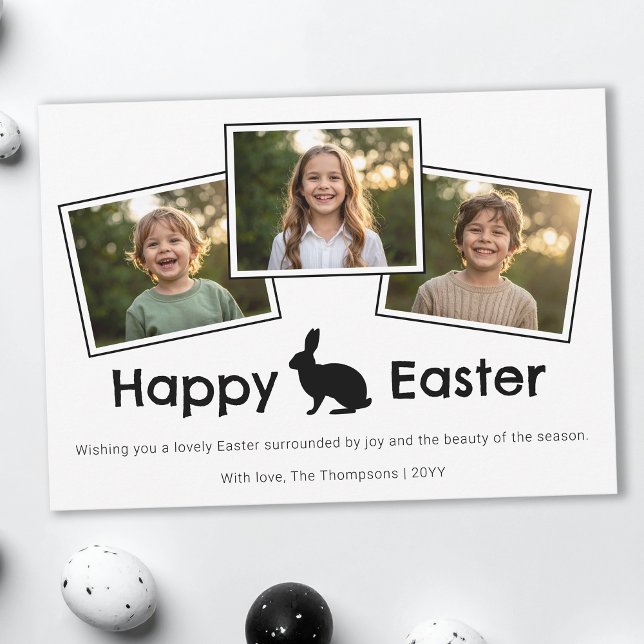 Cartão 3 Photo Collage Bold Black Happy Easter With Bunny (Criador carregado)