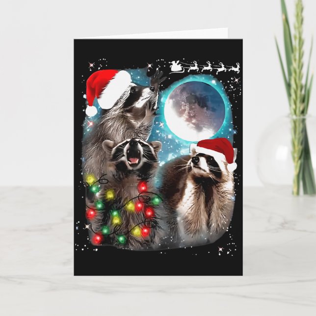Cartão 3 Racoon Moon Howling Raccoon Christmas Santa Raco (Frente)